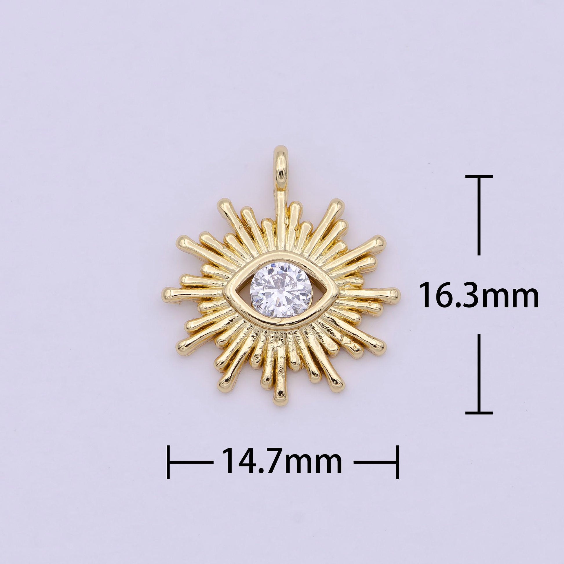 24k gold filled evil eye,cz solitaire evil eye charm, clear cz gold evil eye charm, sun burst jewelry supply, e-149, n-246