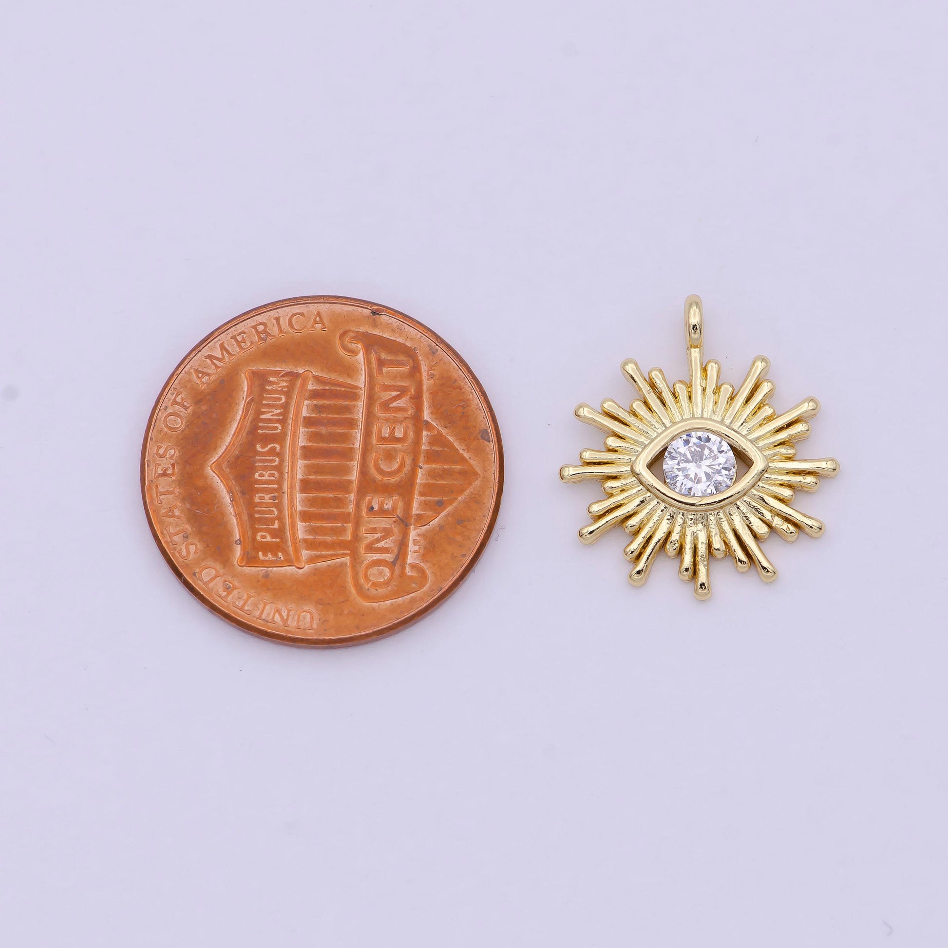 24k gold filled evil eye,cz solitaire evil eye charm, clear cz gold evil eye charm, sun burst jewelry supply, e-149, n-246