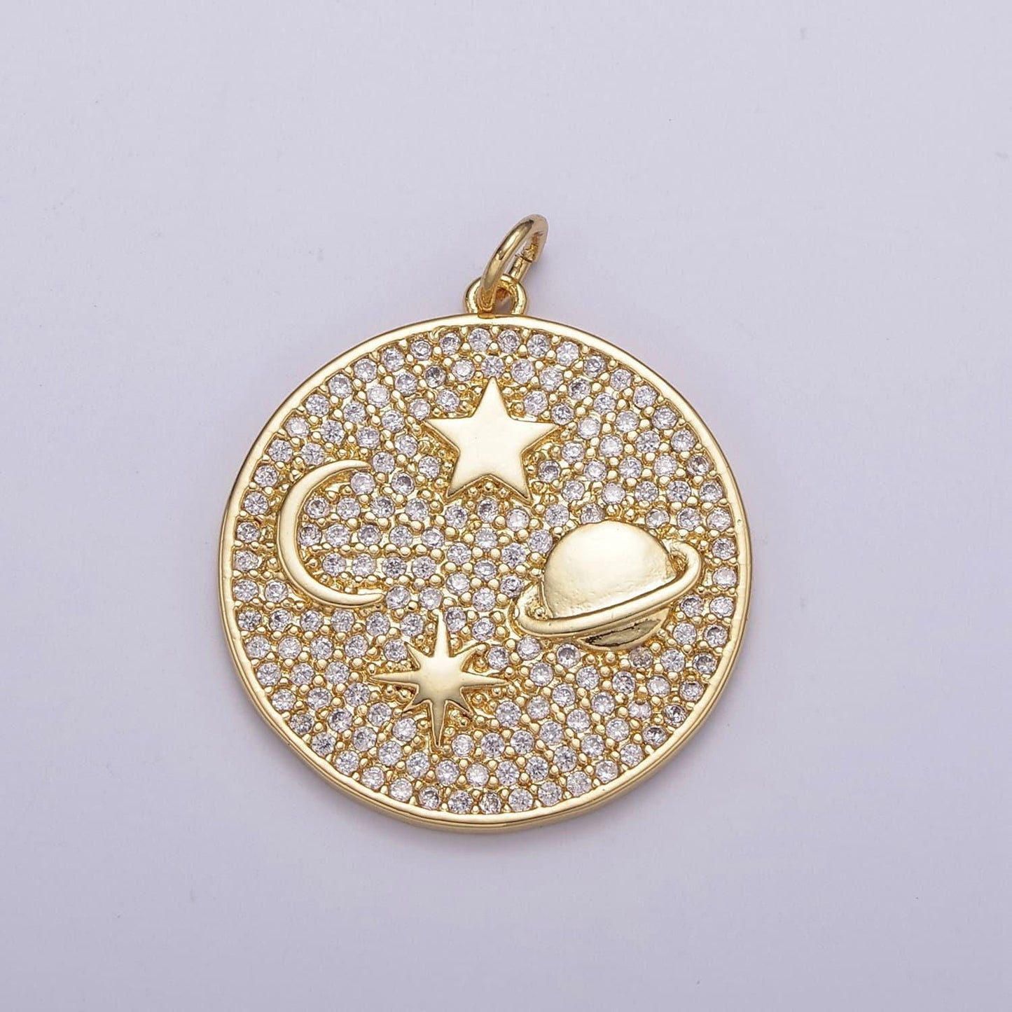 Micro pave cz planet of the universe pendant gold charm, star moon orbit galaxy, world celestial crescent moon diy jewelry necklace, n-237