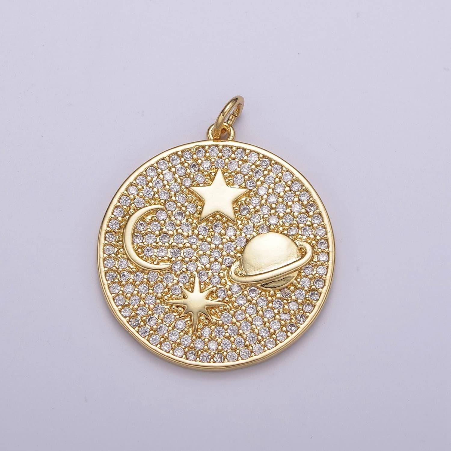 Micro pave cz planet of the universe pendant gold charm, star moon orbit galaxy, world celestial crescent moon diy jewelry necklace, n-237