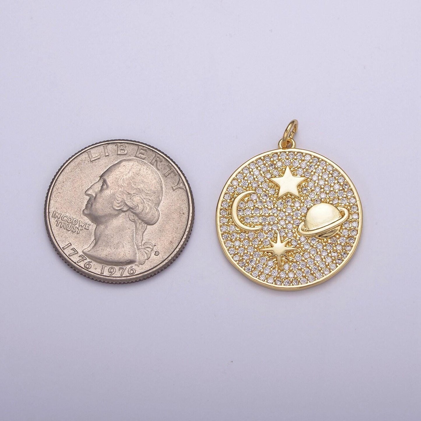 Micro pave cz planet of the universe pendant gold charm, star moon orbit galaxy, world celestial crescent moon diy jewelry necklace, n-237