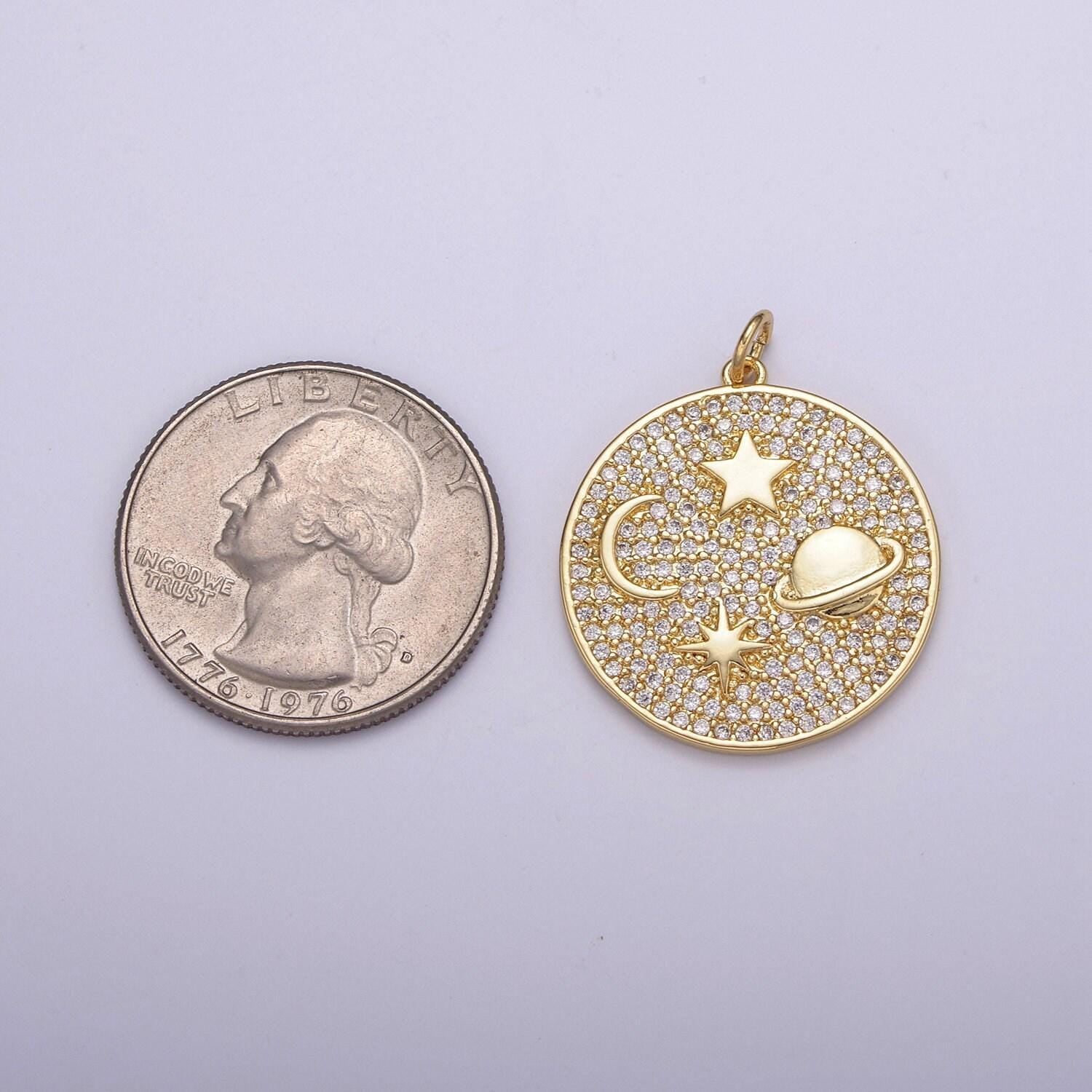 Micro pave cz planet of the universe pendant gold charm, star moon orbit galaxy, world celestial crescent moon diy jewelry necklace, n-237