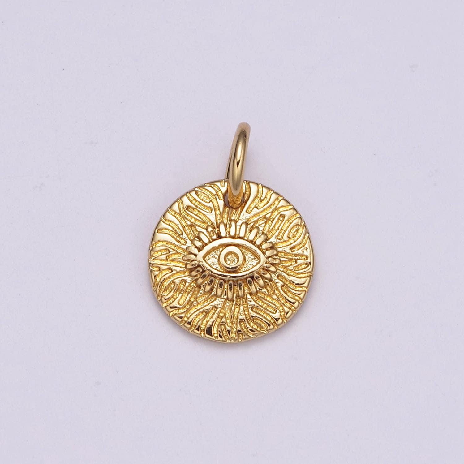 24k gold evil eye round circle charm medallion coin round , radiance eye of ra charm for necklace, n-232