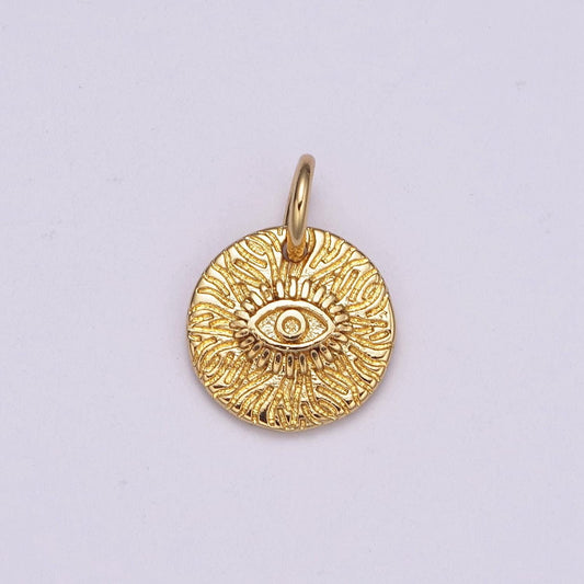 24k gold evil eye round circle charm medallion coin round , radiance eye of ra charm for necklace, n-232