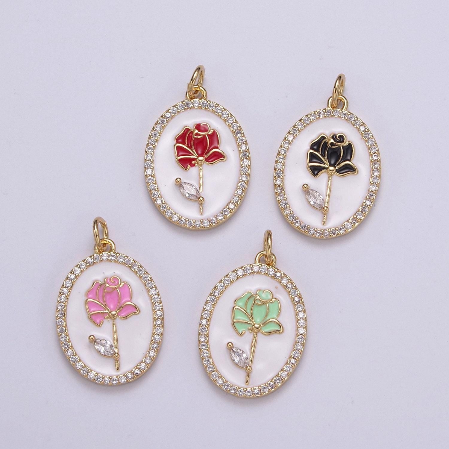 Cz pave dainty 24k gold filled enamel rose necklace for women flower charm necklace bracelet earring component n-226 ~ n-229