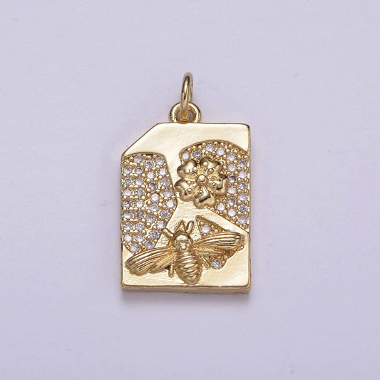 Bee and flower cz pave gold charm,insect charm pendant floral golden charm, gold tag, queenbee charm for necklace bracelet n-213