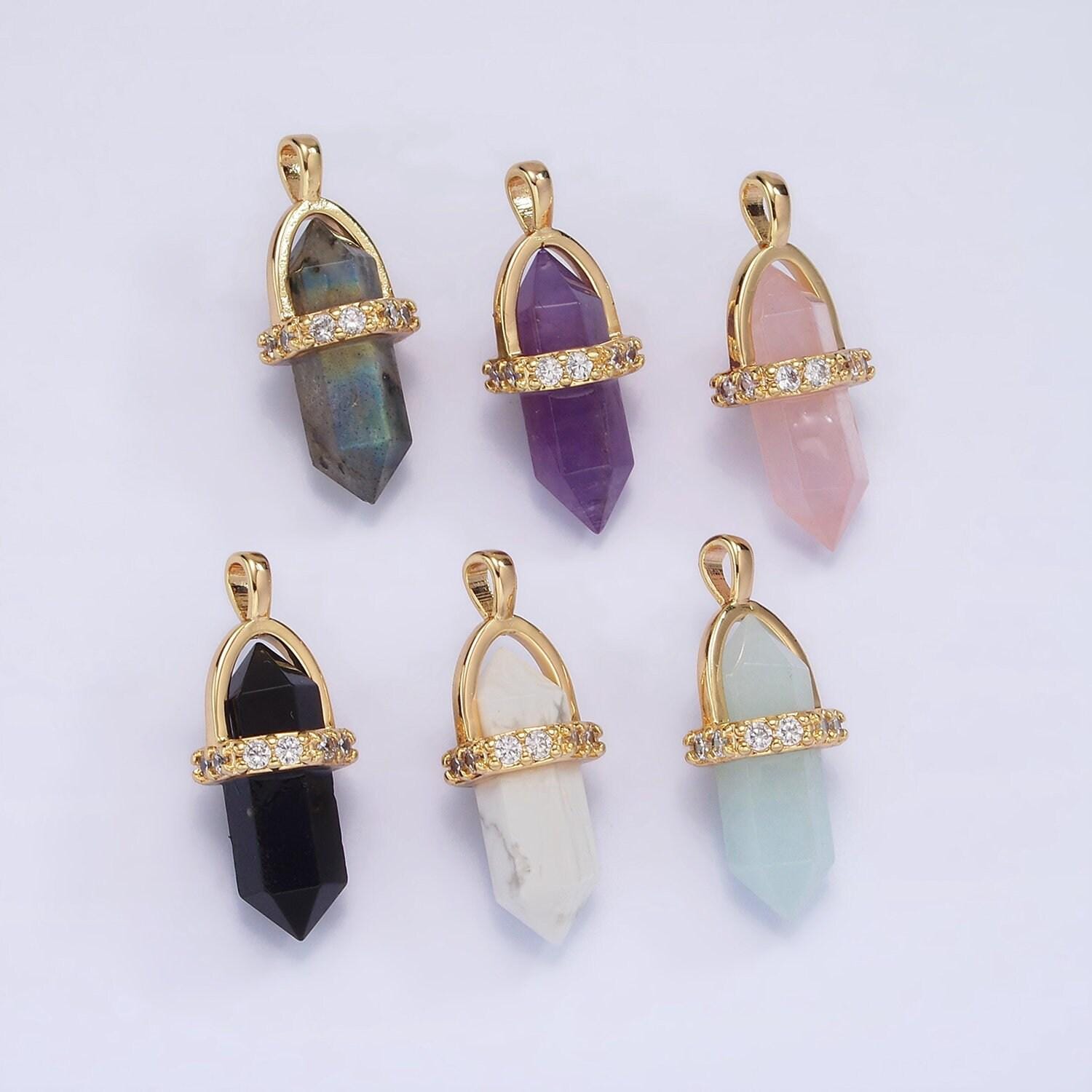 14k gold filled rose quartz, amethyst, labradorite, aquamarine, howlite, onyx pointed wand micro paved pendant | n994- n2004