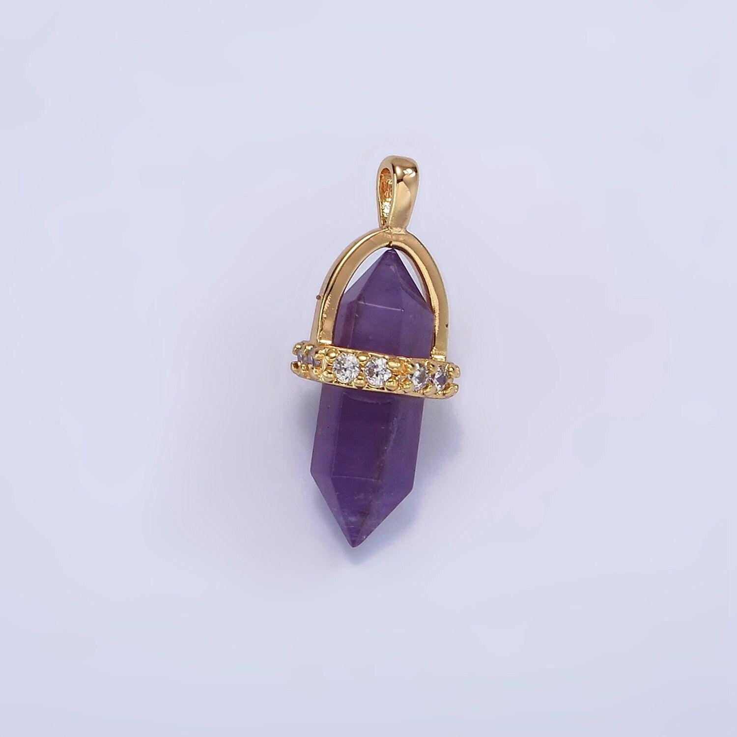 14k gold filled rose quartz, amethyst, labradorite, aquamarine, howlite, onyx pointed wand micro paved pendant | n994- n2004