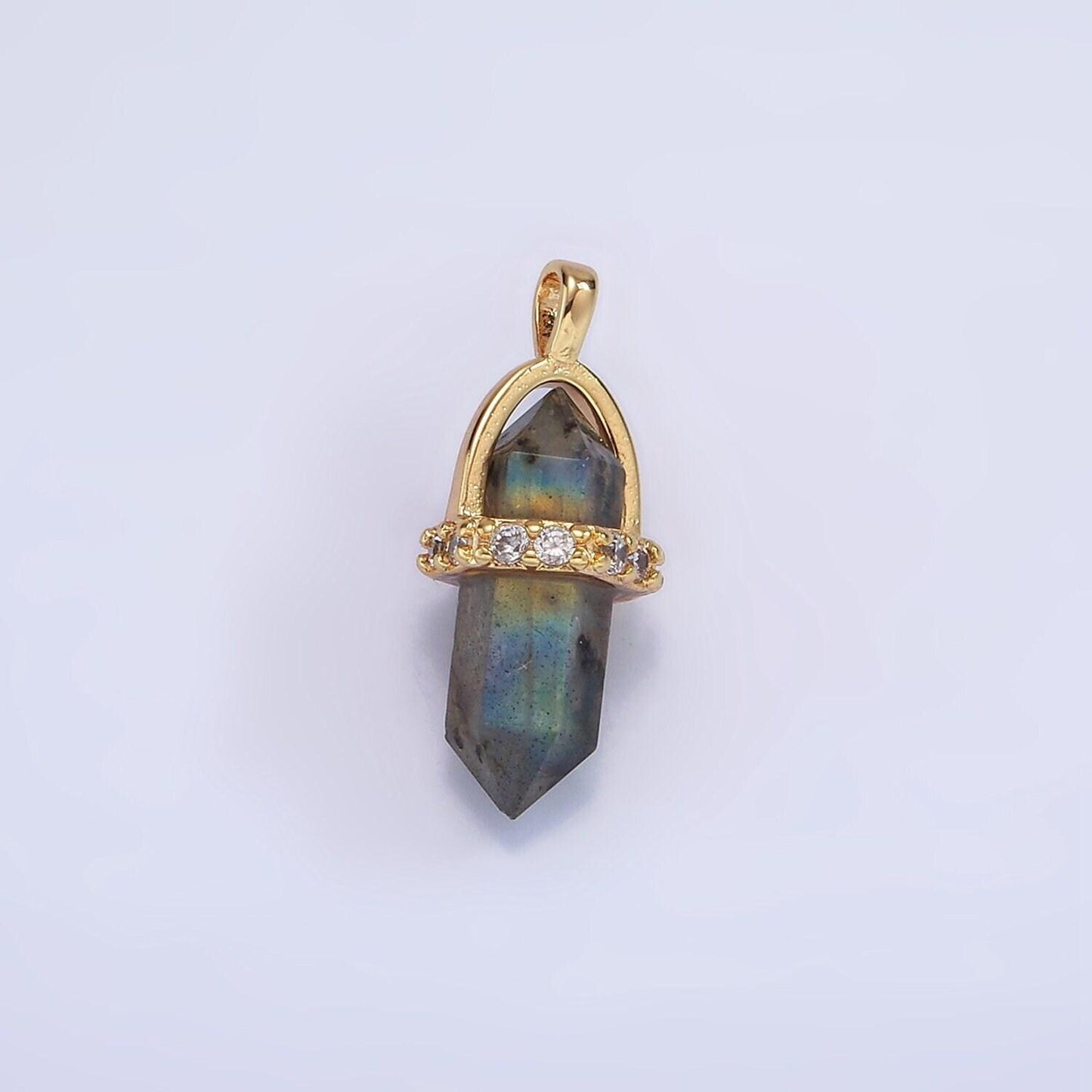 14k gold filled rose quartz, amethyst, labradorite, aquamarine, howlite, onyx pointed wand micro paved pendant | n994- n2004
