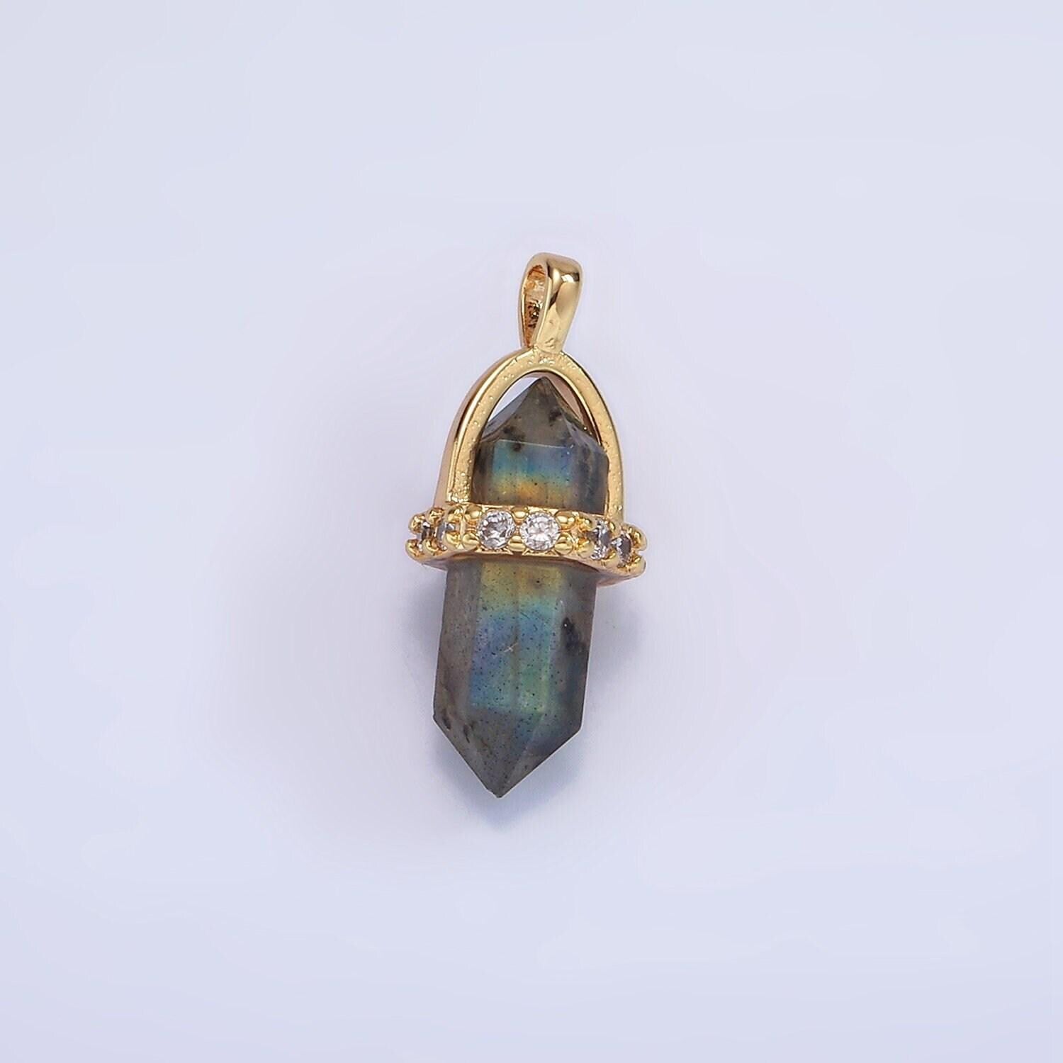 14k gold filled rose quartz, amethyst, labradorite, aquamarine, howlite, onyx pointed wand micro paved pendant | n994- n2004