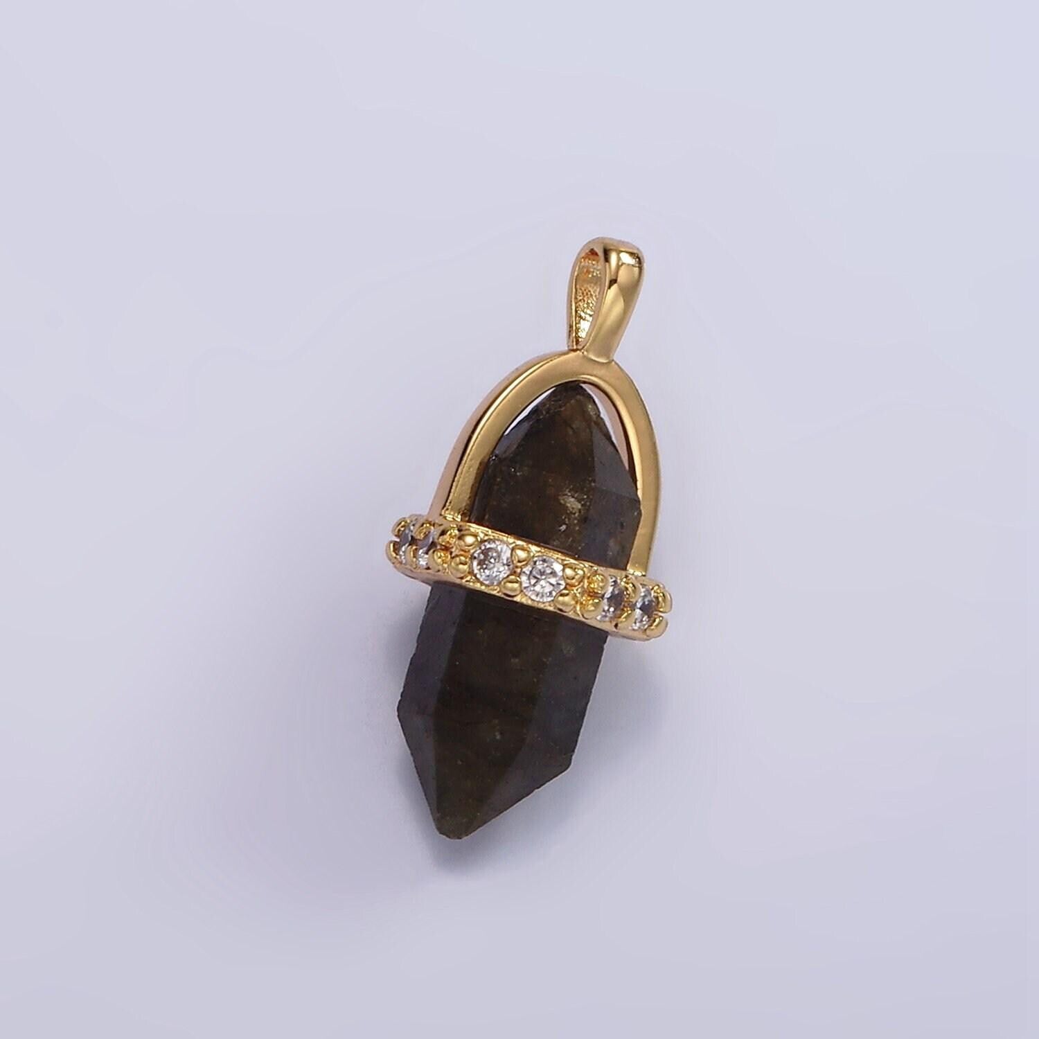 14k gold filled rose quartz, amethyst, labradorite, aquamarine, howlite, onyx pointed wand micro paved pendant | n1996 - n2006