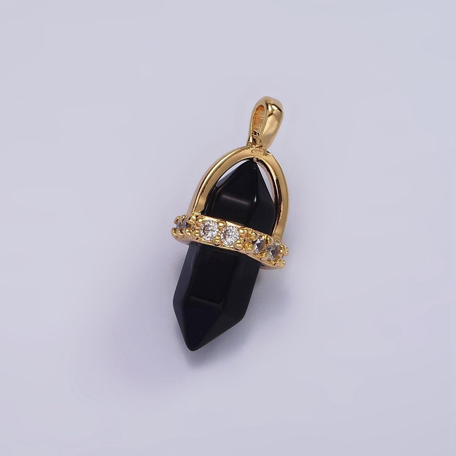 14k gold filled rose quartz, amethyst, labradorite, aquamarine, howlite, onyx pointed wand micro paved pendant | n1996 - n2006