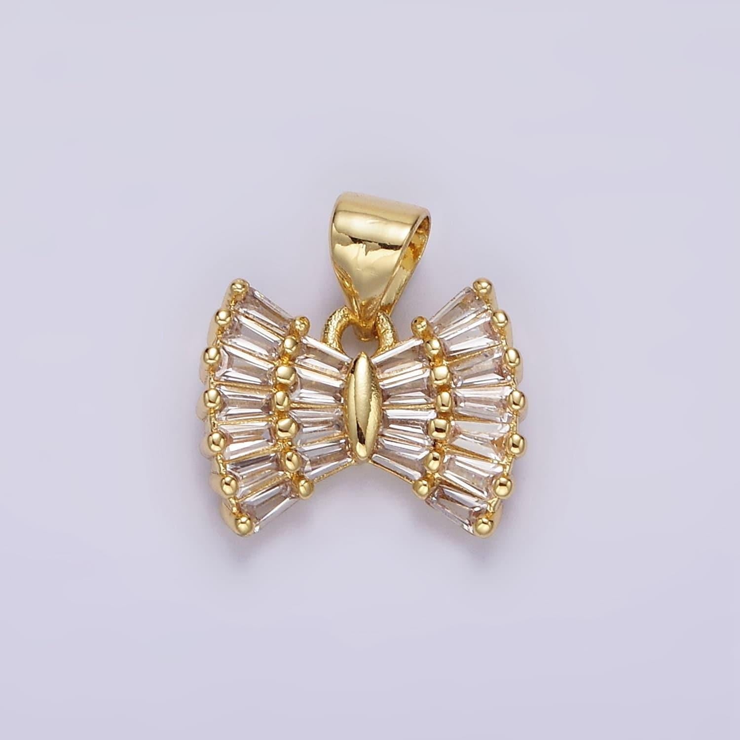 14k gold filled clear cz baguette bow ribbon pendant | n1969