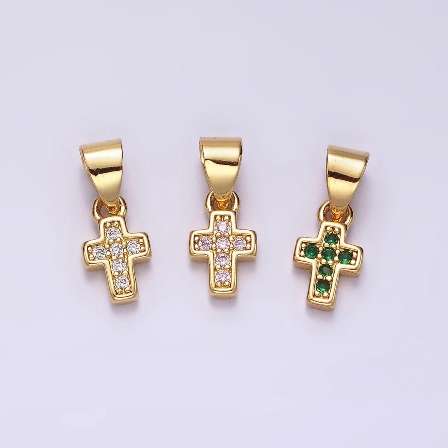 14k gold filled pink, clear, green cz micro paved religious cross mini pendant | n1917 - n1919