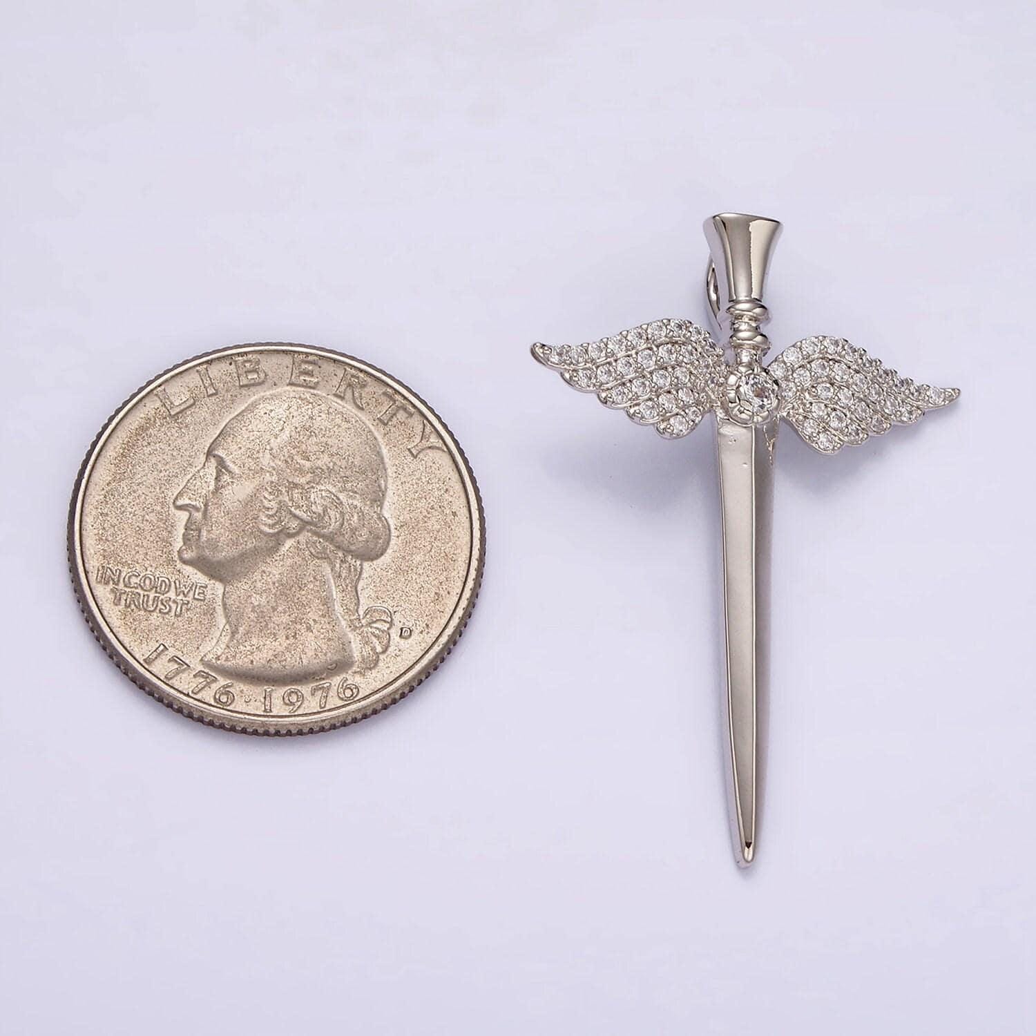Angel wing sword necklace pendant cubic zirconia silver sword charm guardian angel necklace charm n-1872