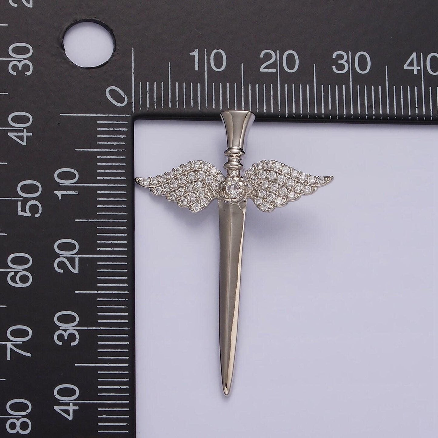 Angel wing sword necklace pendant cubic zirconia silver sword charm guardian angel necklace charm n-1872