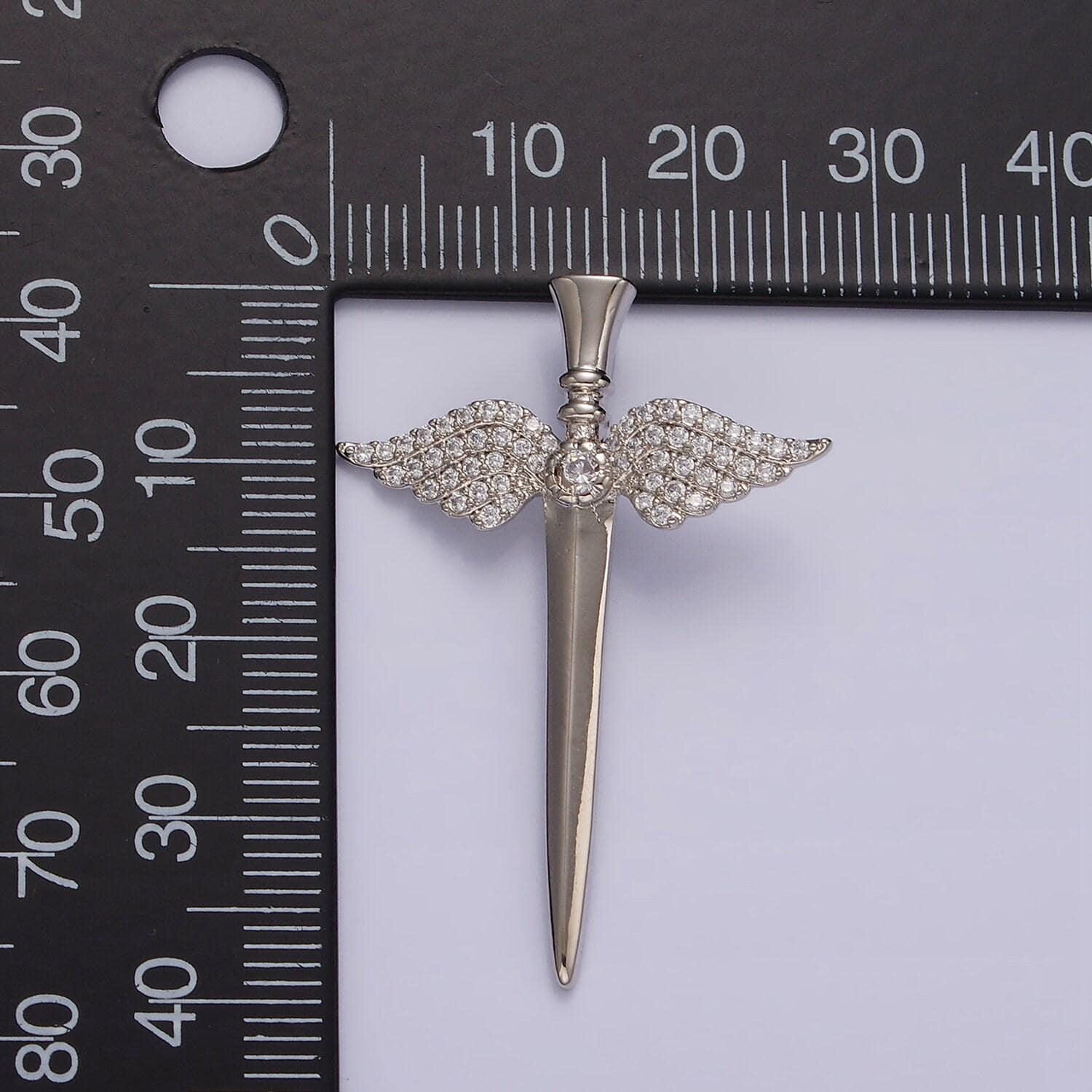 Angel wing sword necklace pendant cubic zirconia silver sword charm guardian angel necklace charm n-1872