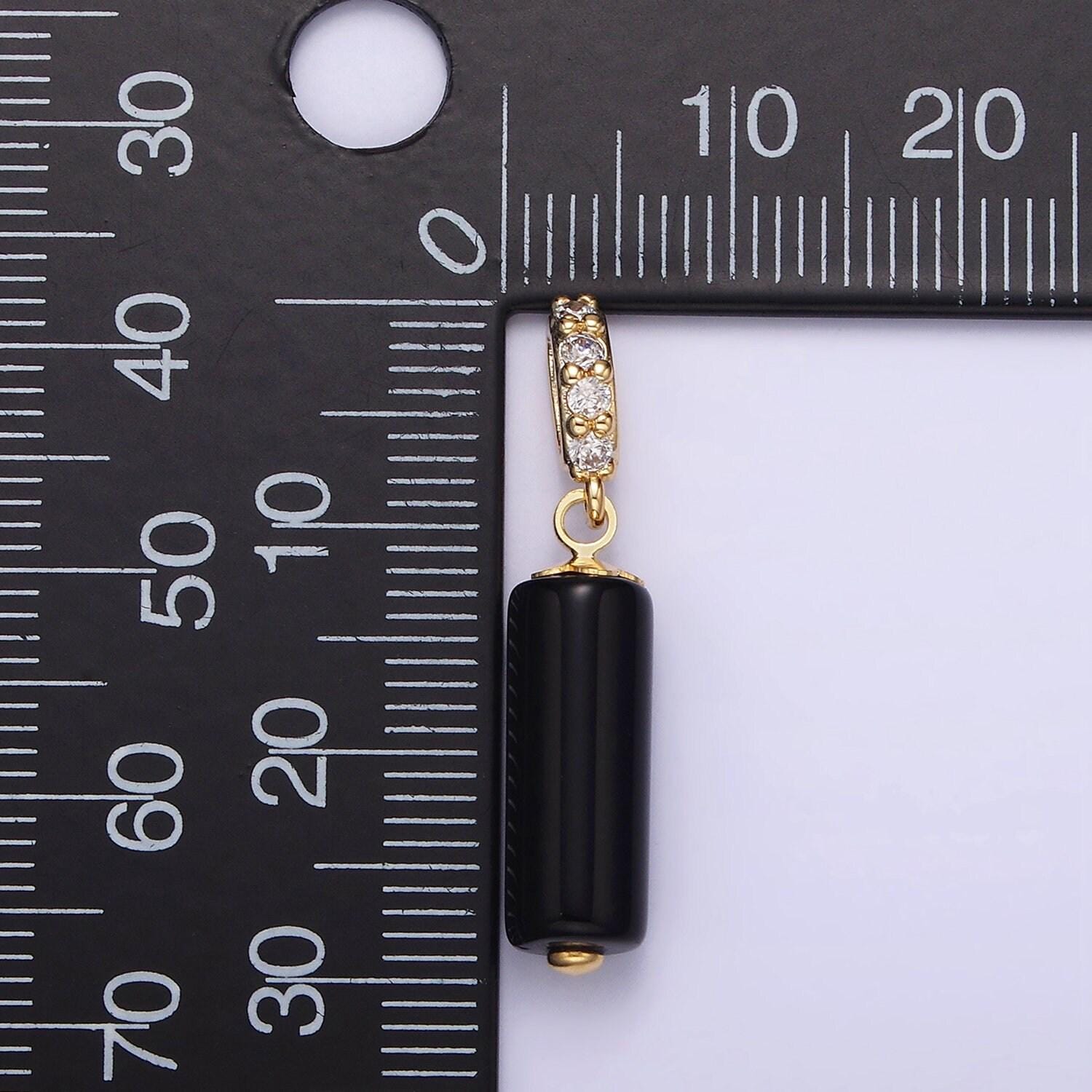 Dainty gemstone onyx cylinder charm gold filled cz bail charm pendant for necklace black jewelry n1866