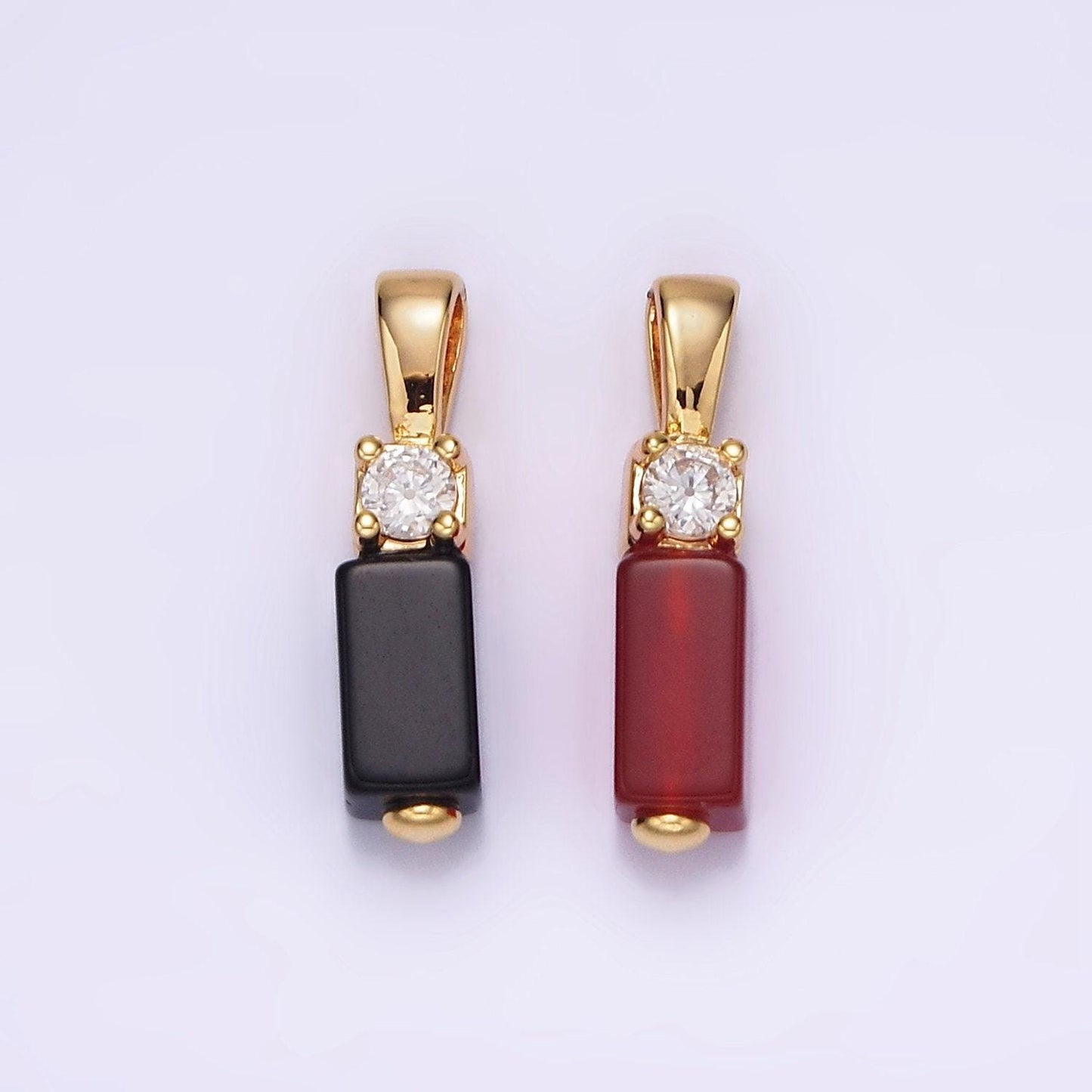 Mini gemstone onyx carnelian rectangle charm gold filled cz bail charm pendant for necklace black red jewelry n1861