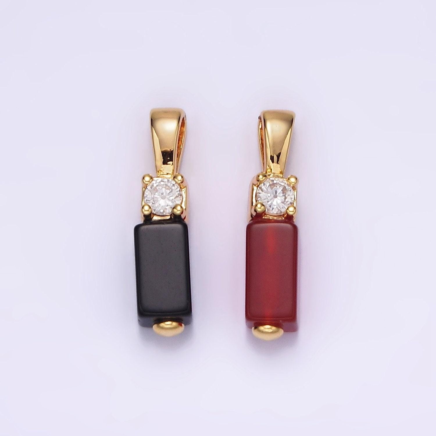 Mini gemstone onyx carnelian rectangle charm gold filled cz bail charm pendant for necklace black red jewelry n1861