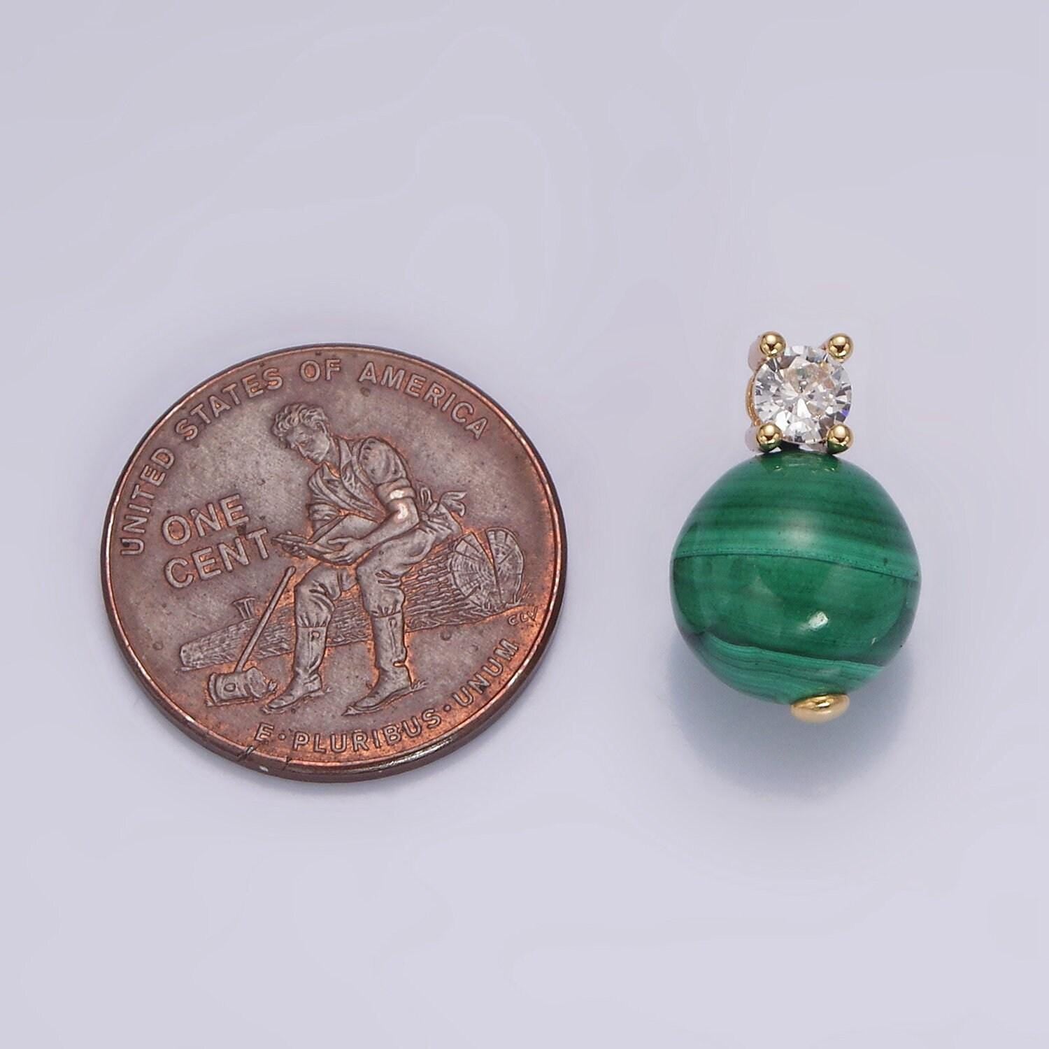16k gold filled 10mm round malachite ball beads cz pendant | n1843