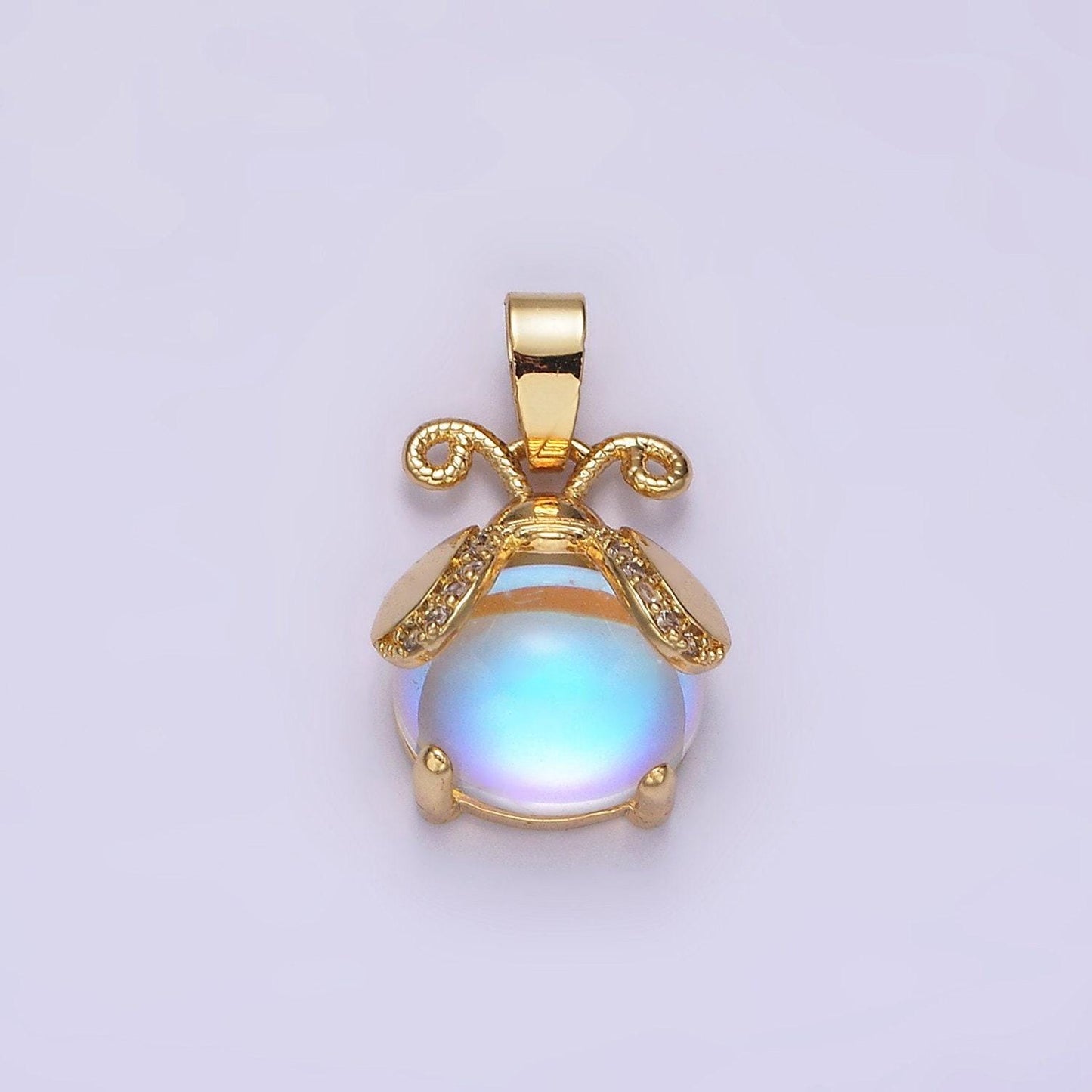 Mini lady bug charm 14k gold filled moonstone animal insect cute iridescent bug pendant | n1839