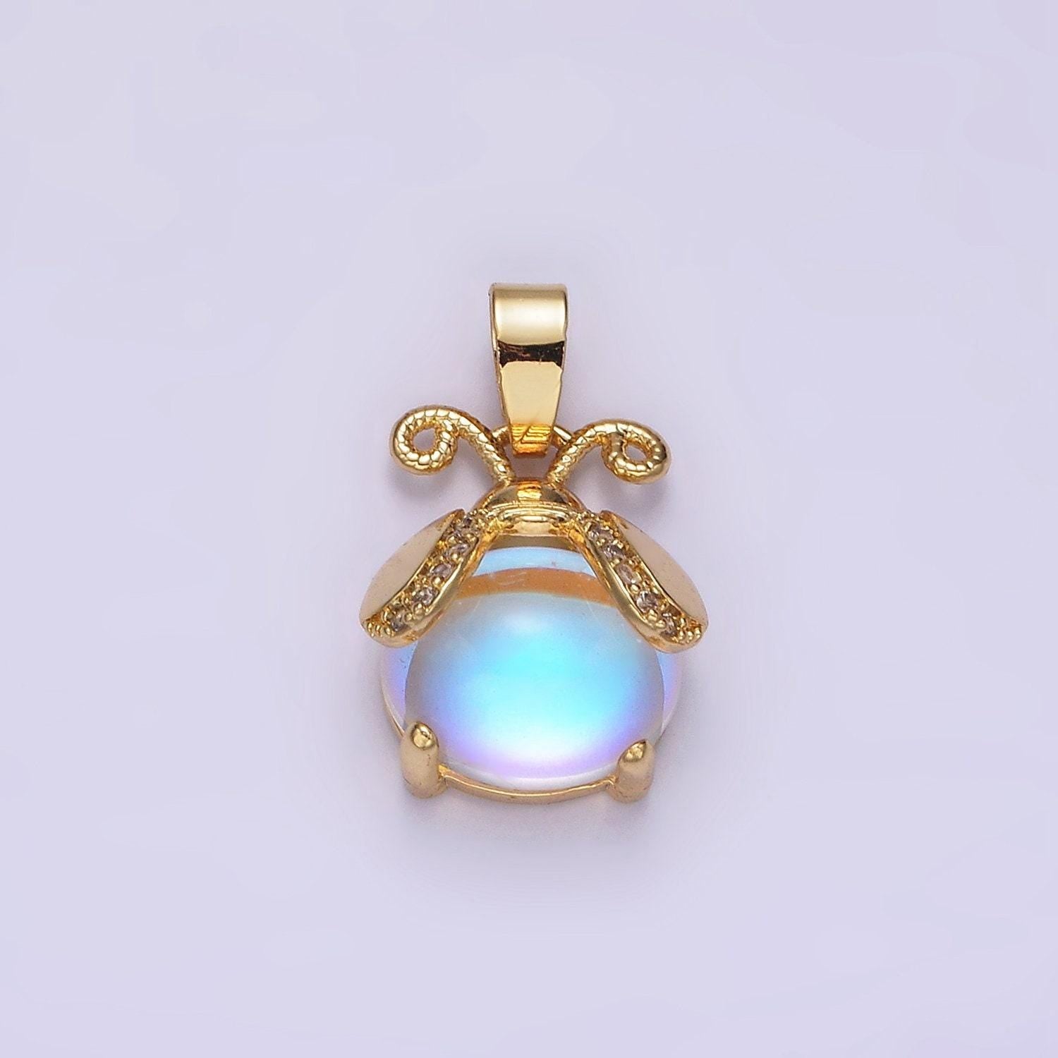 Mini lady bug charm 14k gold filled moonstone animal insect cute iridescent bug pendant | n1839