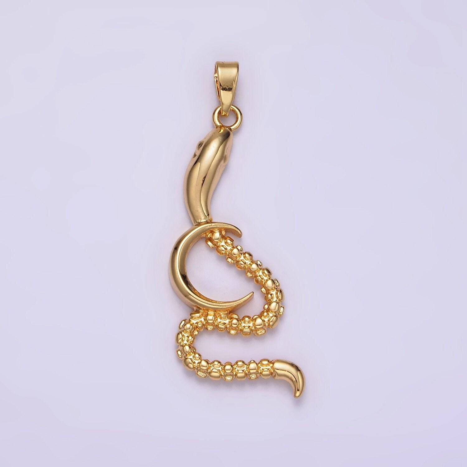 14k gold filled celestial crescent moon dotted slithering snake animal pendant serpent jewelry long snake charm | n1838