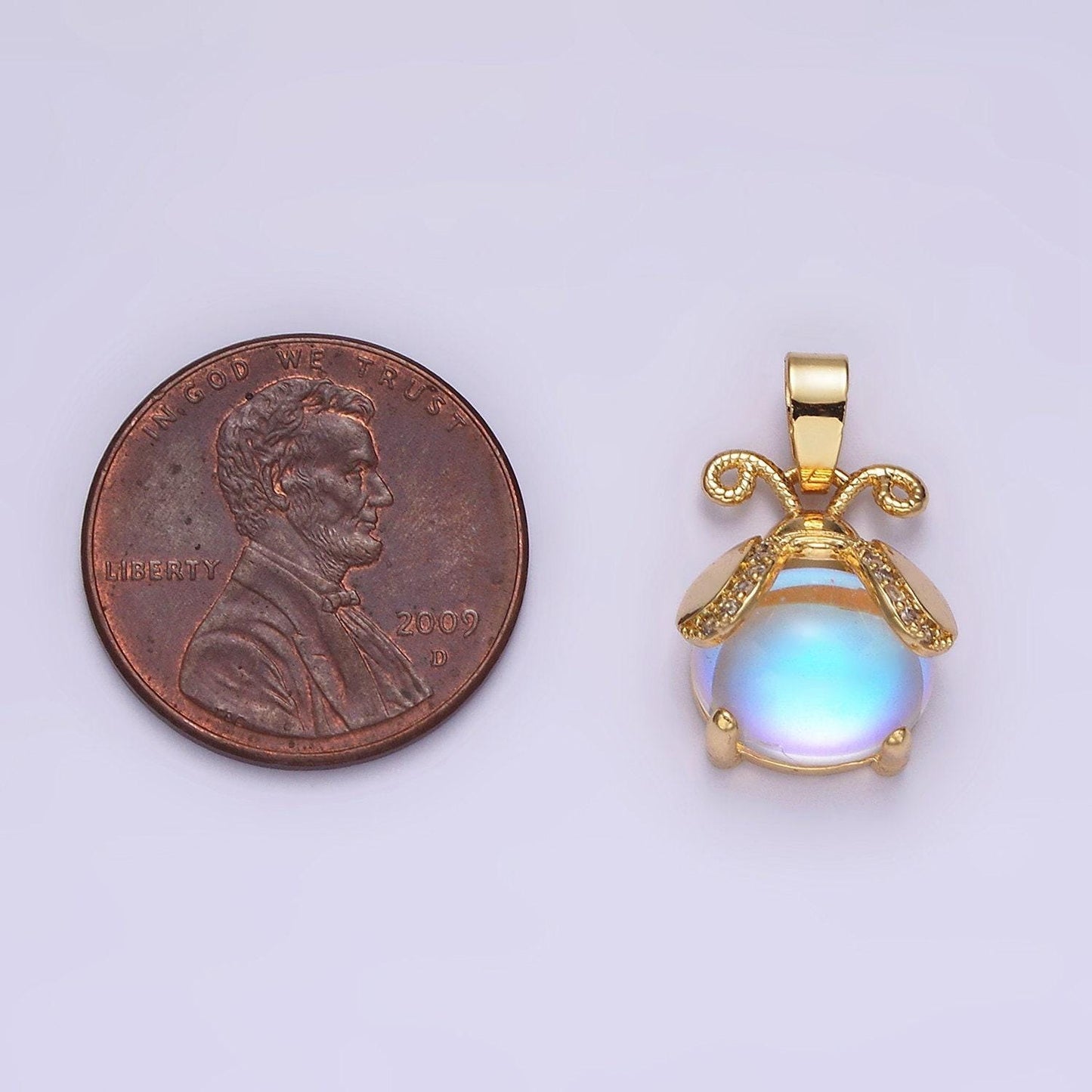 Mini lady bug charm 14k gold filled moonstone animal insect cute iridescent bug pendant | n1839