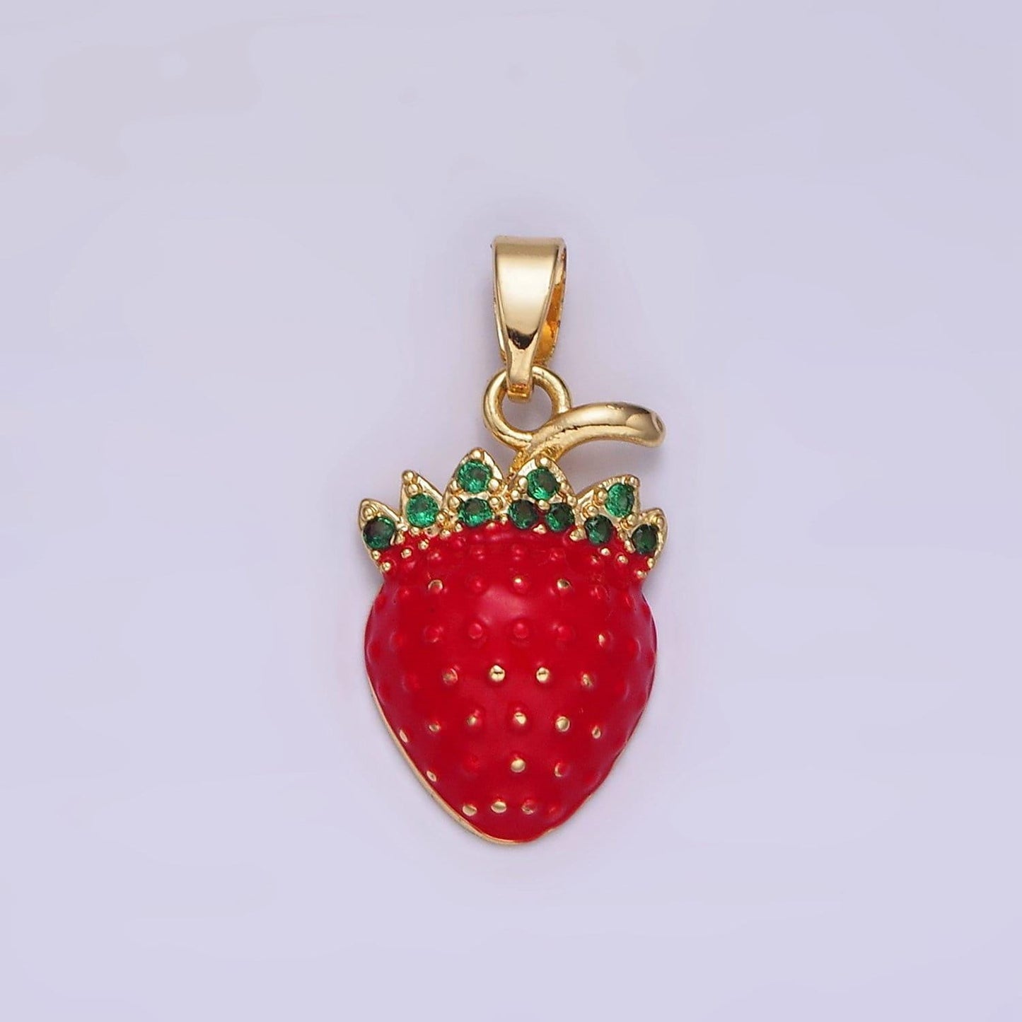 Dainty gold strawberry pendant, enamel fruit necklace charm cute fruit charm green cz stone food jewelry inspired for jewelry making n-1832