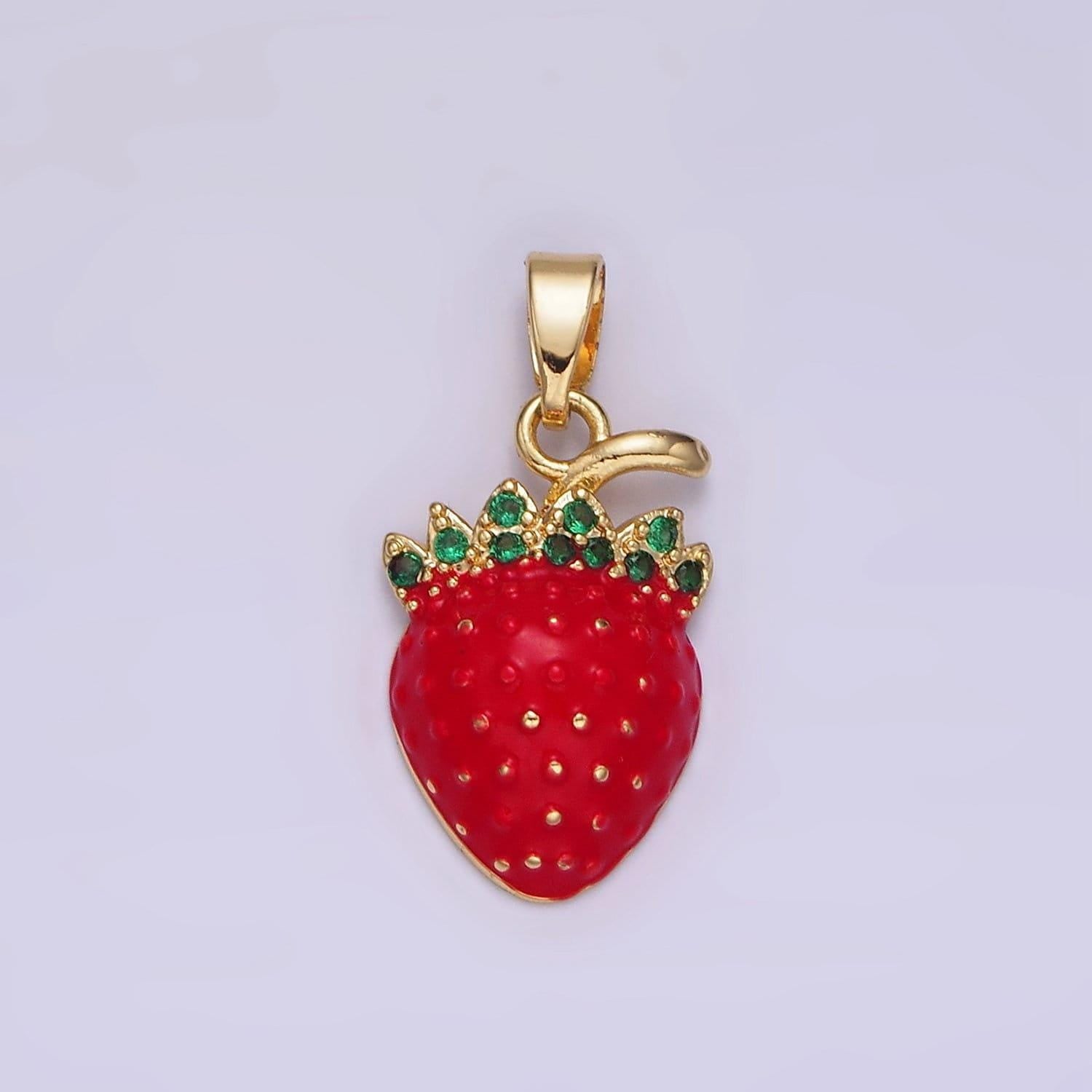 Dainty gold strawberry pendant, enamel fruit necklace charm cute fruit charm green cz stone food jewelry inspired for jewelry making n-1832