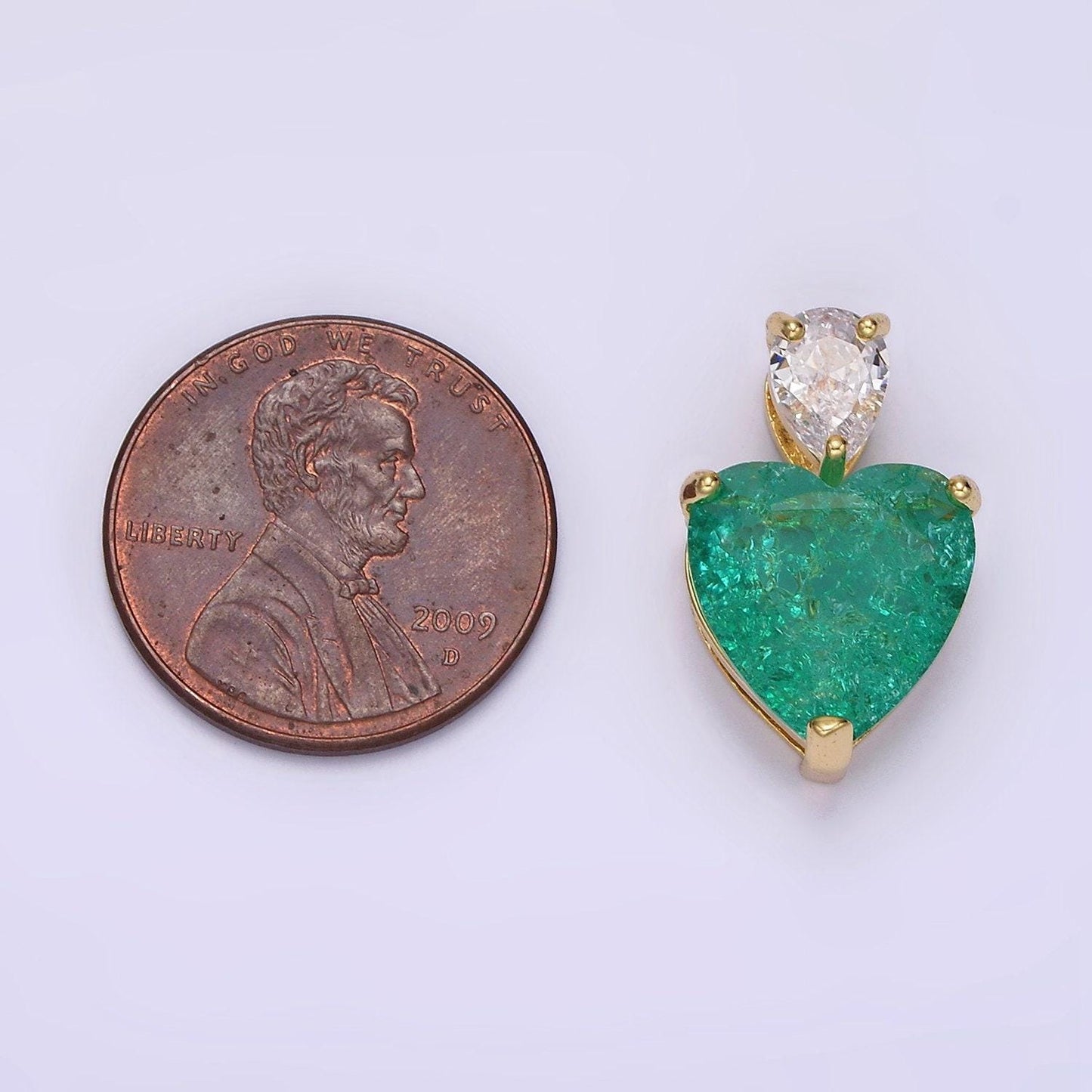 14k gold filled 35mm green heart cz teardrop pendant | n1830