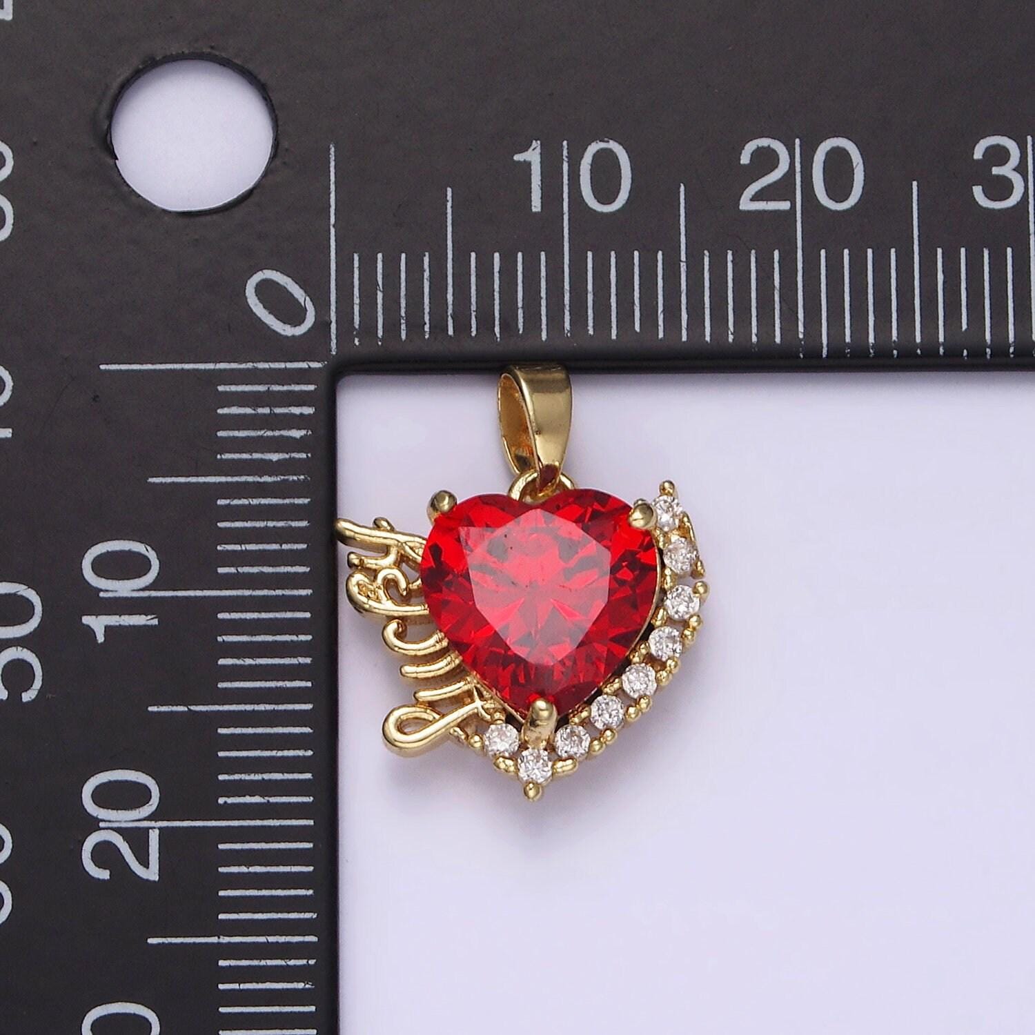 14k gold filled red heart cz lucky word script micro paved cz outline pendant | n1826