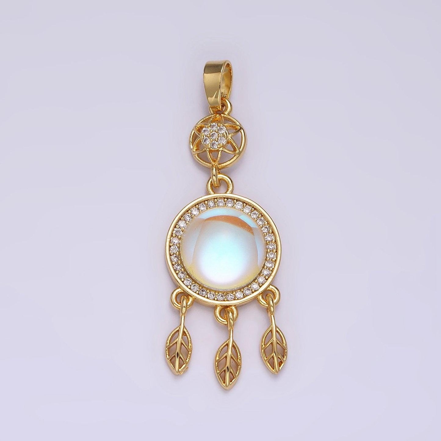 Gold dream catcher pendant, 14k gold filled clear micro paved cz moonstone center dream catcher charm | n-1824