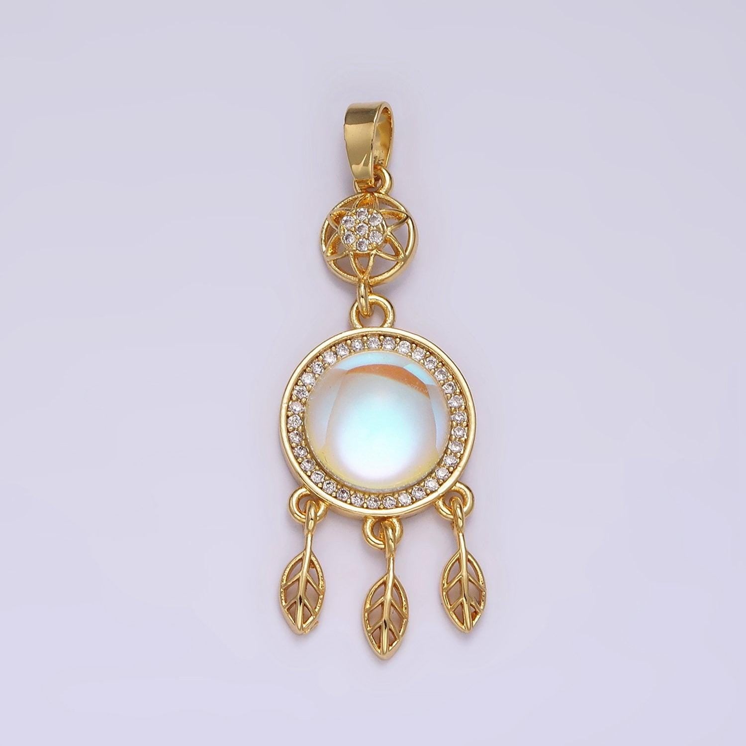 Gold dream catcher pendant, 14k gold filled clear micro paved cz moonstone center dream catcher charm | n-1824