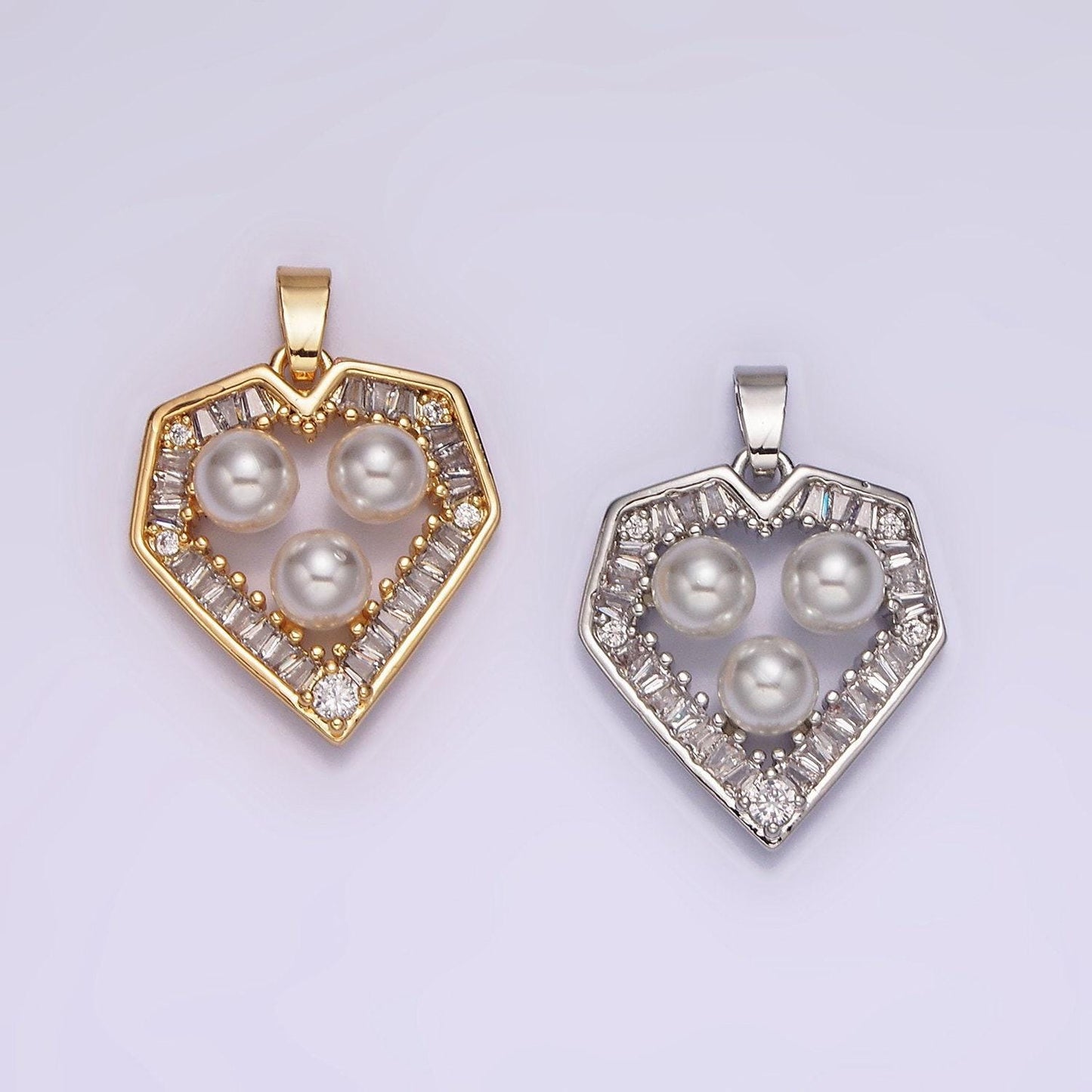 14k gold filled triple pearl clear baguette outline heart pendant in gold & silver | n1821 n1822