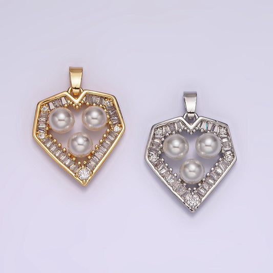 14k gold filled triple pearl clear baguette outline heart pendant in gold & silver | n1821 n1822