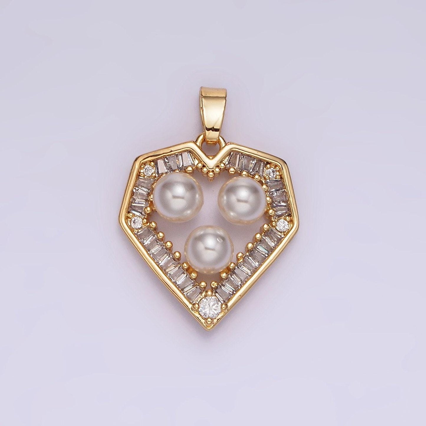 14k gold filled triple pearl clear baguette outline heart pendant in gold & silver | n1821 n1822