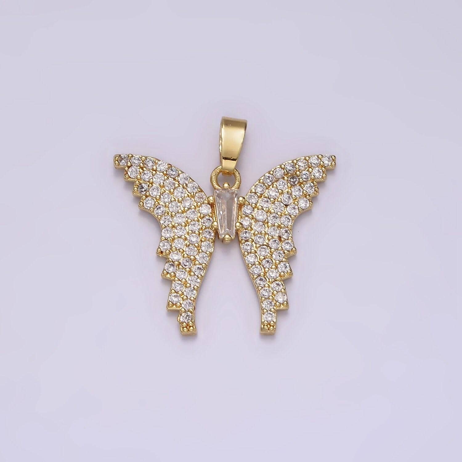 14k gold filled clear baguette micro paved cz animal butterfly wings pendant | n1820