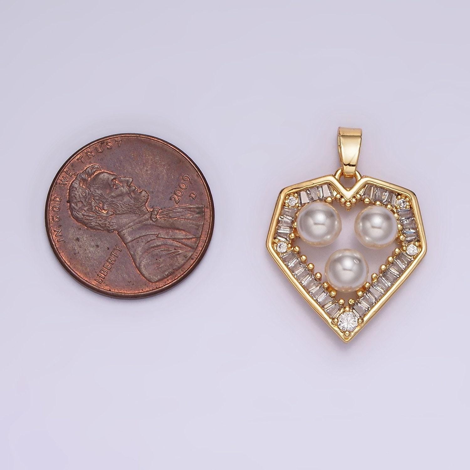 14k gold filled triple pearl clear baguette outline heart pendant in gold & silver | n1821 n1822