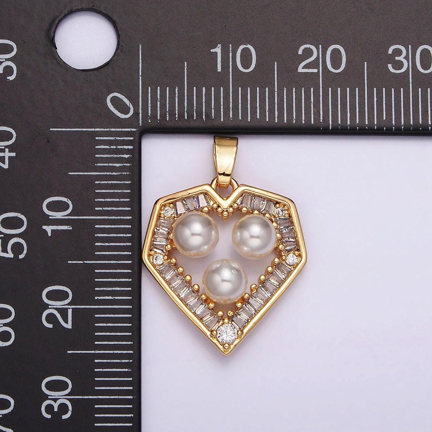 14k gold filled triple pearl clear baguette outline heart pendant in gold & silver | n1821 n1822