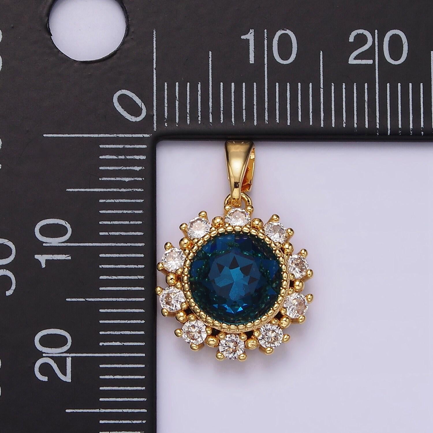 14k gold filled blue multifaceted cz dotted outlined round pendant in gold & silver | n1802 n1803