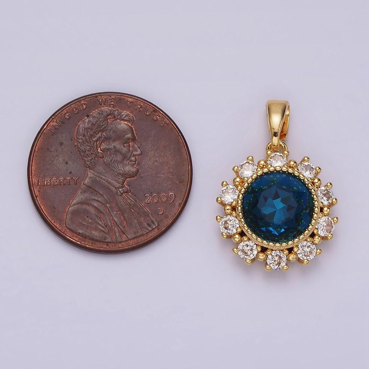 14k gold filled blue multifaceted cz dotted outlined round pendant in gold & silver | n1802 n1803