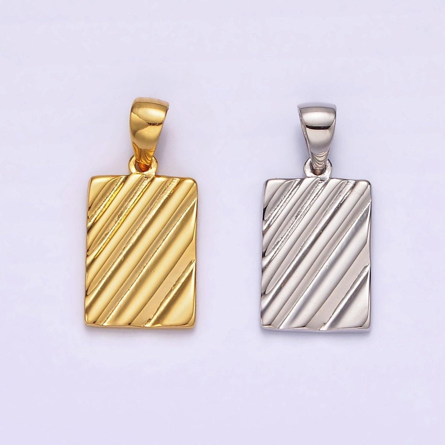 14k gold filled line stripe textured geometric rectangular tag pendant in gold & silver | n1789 n1790