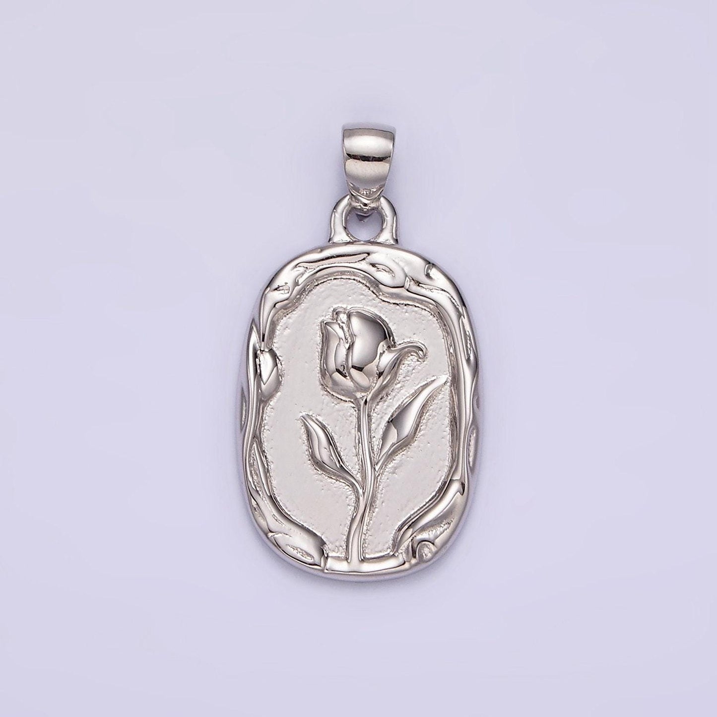 14k gold filled rose flower molten stamped oval pendant in gold & silver | n1787 n1788