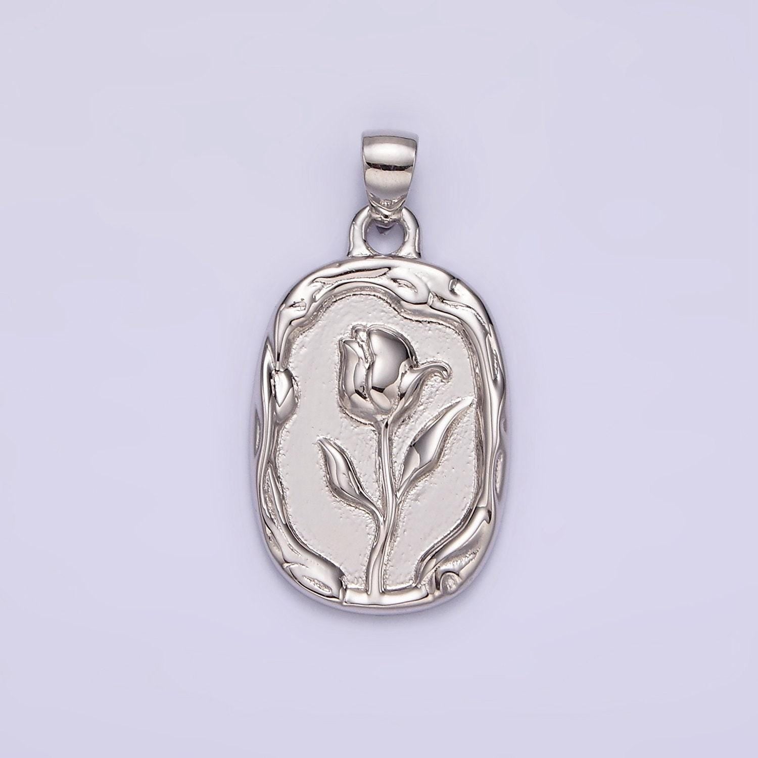 14k gold filled rose flower molten stamped oval pendant in gold & silver | n1787 n1788
