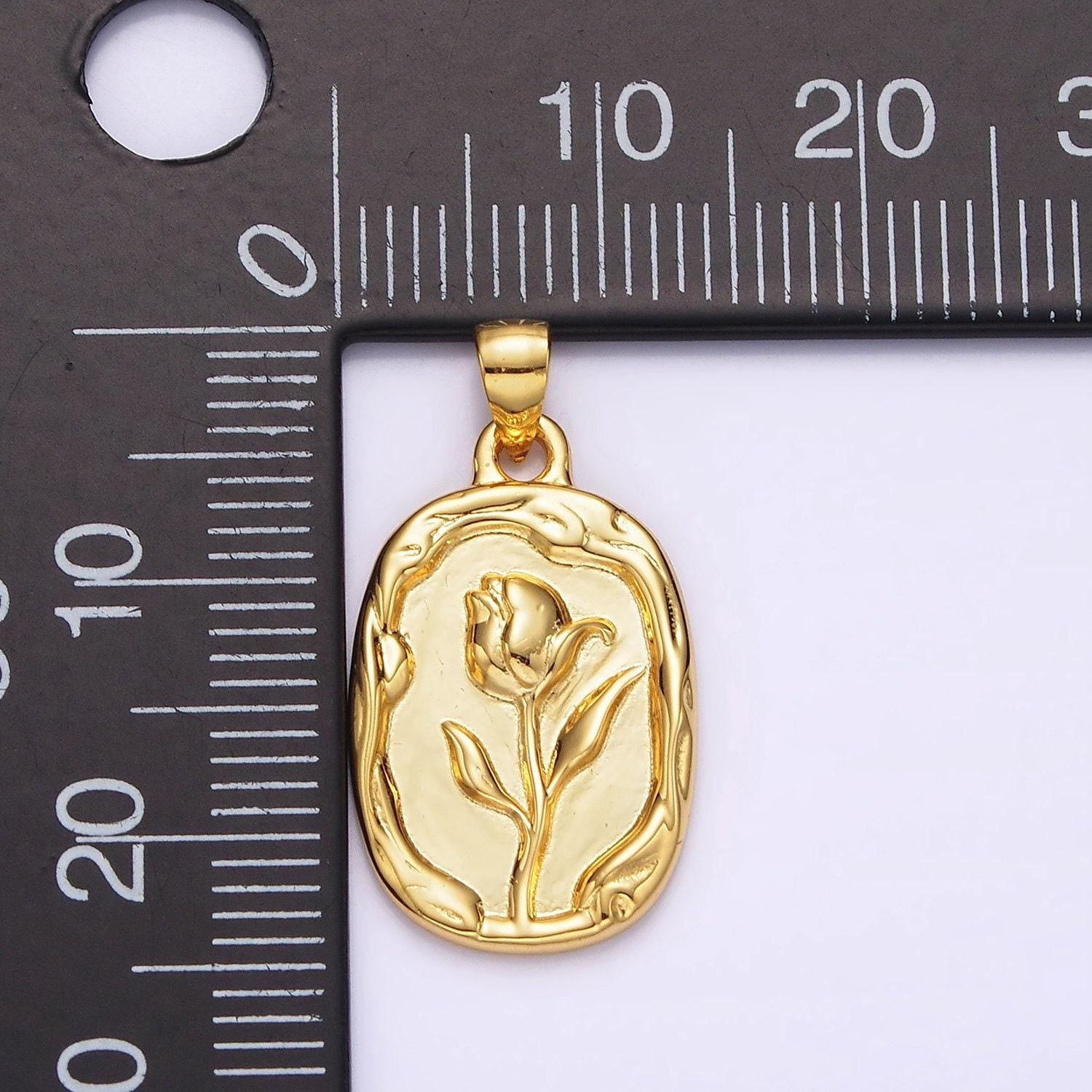 14k gold filled rose flower molten stamped oval pendant in gold & silver | n1787 n1788