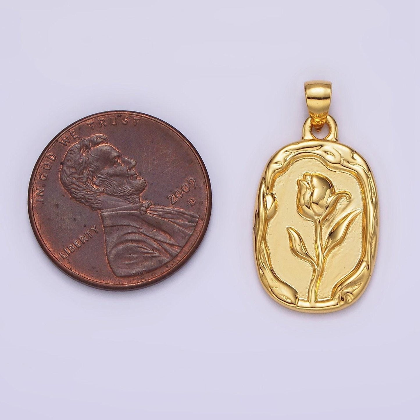 14k gold filled rose flower molten stamped oval pendant in gold & silver | n1787 n1788