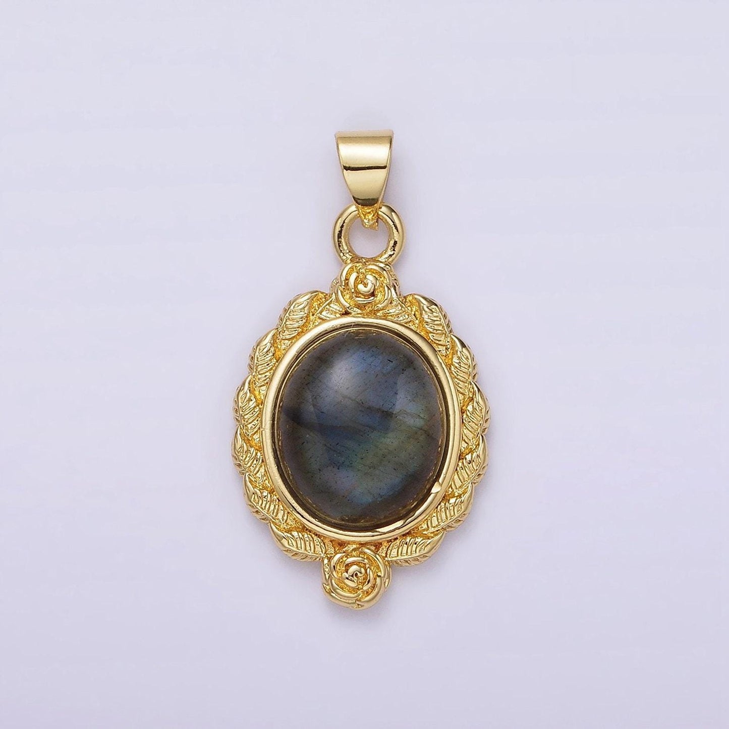 16k gold filled labradorite cabochon rose flower leaf outline oval pendant | n1782