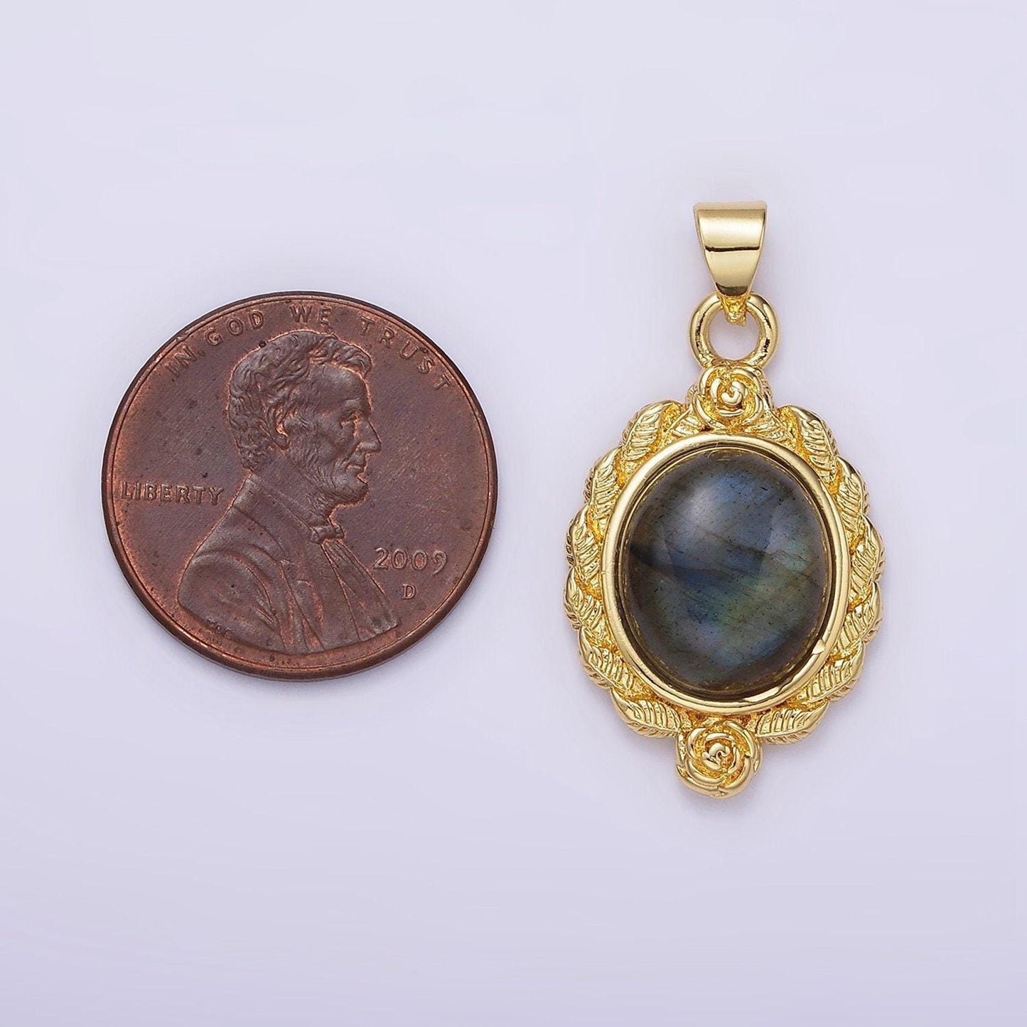 16k gold filled labradorite cabochon rose flower leaf outline oval pendant | n1782